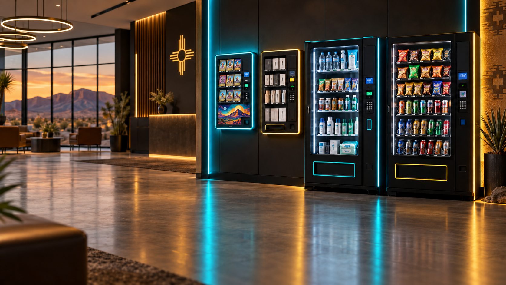 A lineup of modern vending machines in a New Mexico-inspired commercial lobby
